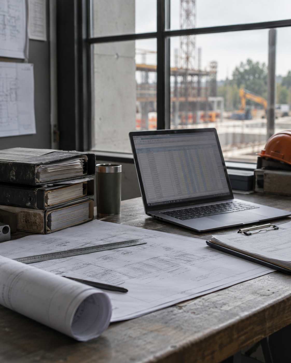 Construction office worktable with a laptop, drawings, and company paperwork