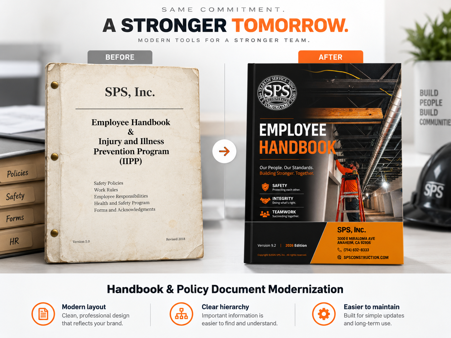 Illustrative before-and-after comparison of an aged employee handbook and IIPP with a redesigned handbook featuring clear hierarchy and consistent branding.