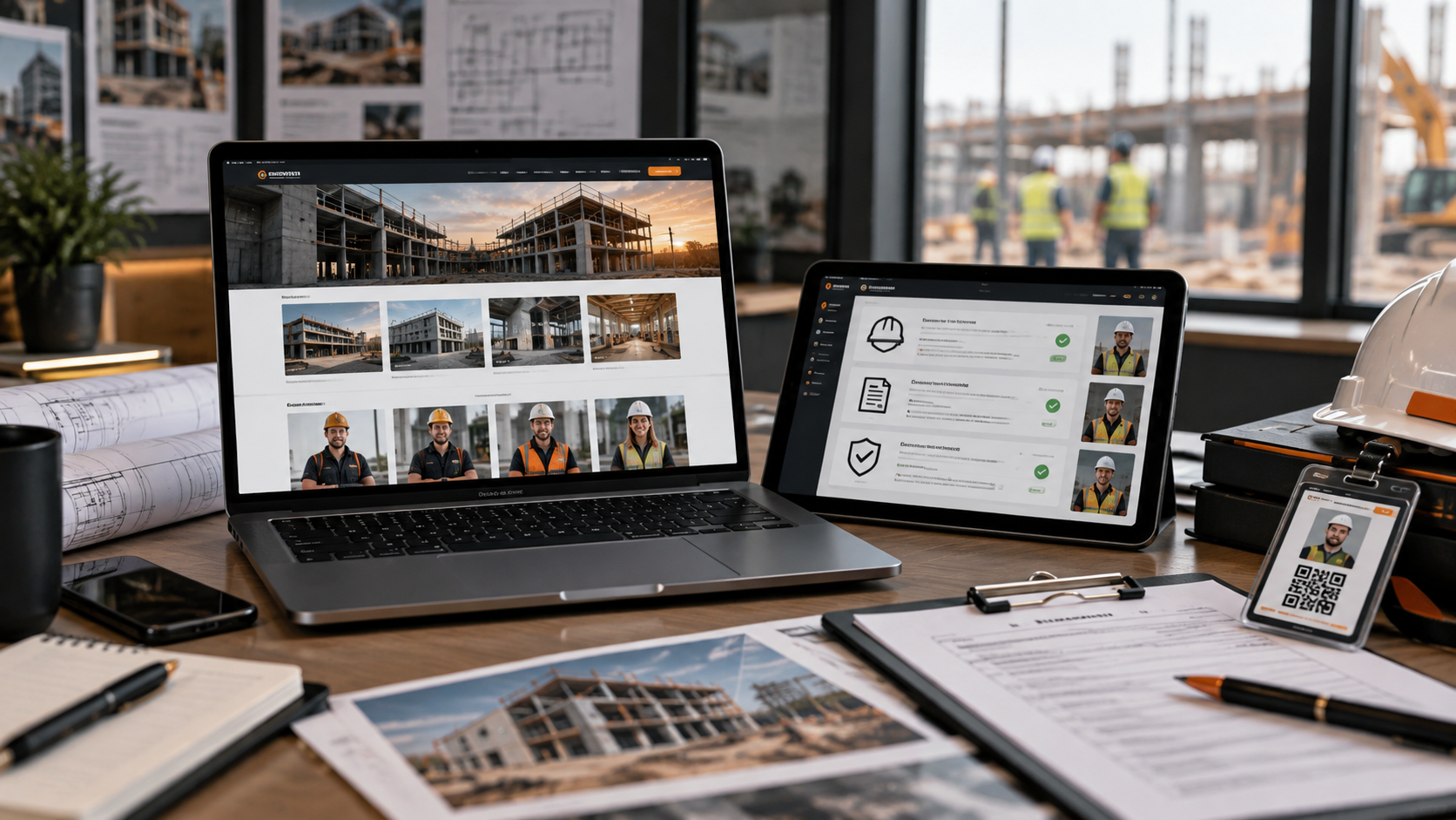 Contractor office with a laptop showing project photos and team pages, a tablet displaying employee credentials, and a QR-linked identification badge.